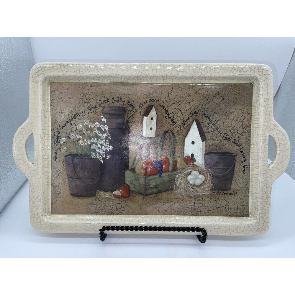 Cindy Sampson Rectangle Ceramic “Home Sweet Country Home” Crackled Serving Tray
